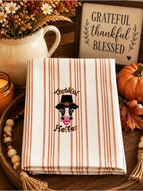 Thankful Heffer Striped Cotton Kitchen Towel - White & Orange